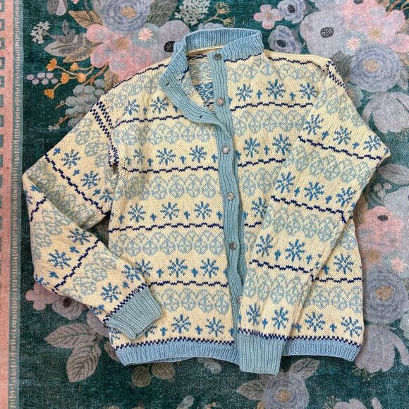 Handmade Wool Cardigan Sweater Womens Cream Blue Fair Isle Knit Scotland Nordic - Picture 10 of 16